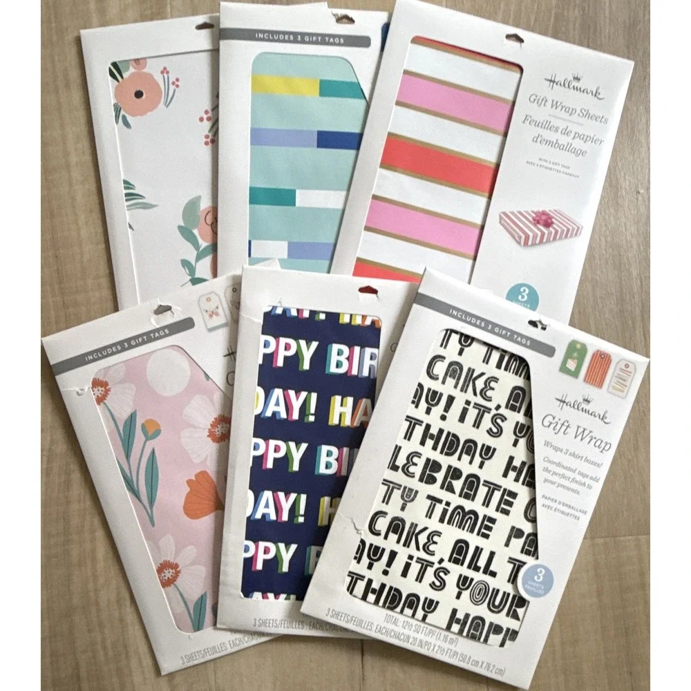 Wrapping Paper Sheets Lot Of 6 20x30 in, Floral & Stripes, Birthday Hallmark